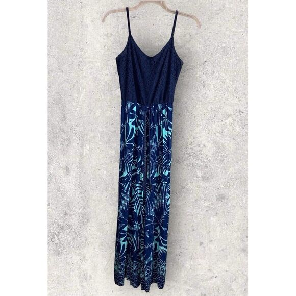 As You Wish Jumpsuit Womens Medium Blue Green Wide Leg Eyelet Top Sleeveless‎ - Picture 2 of 8